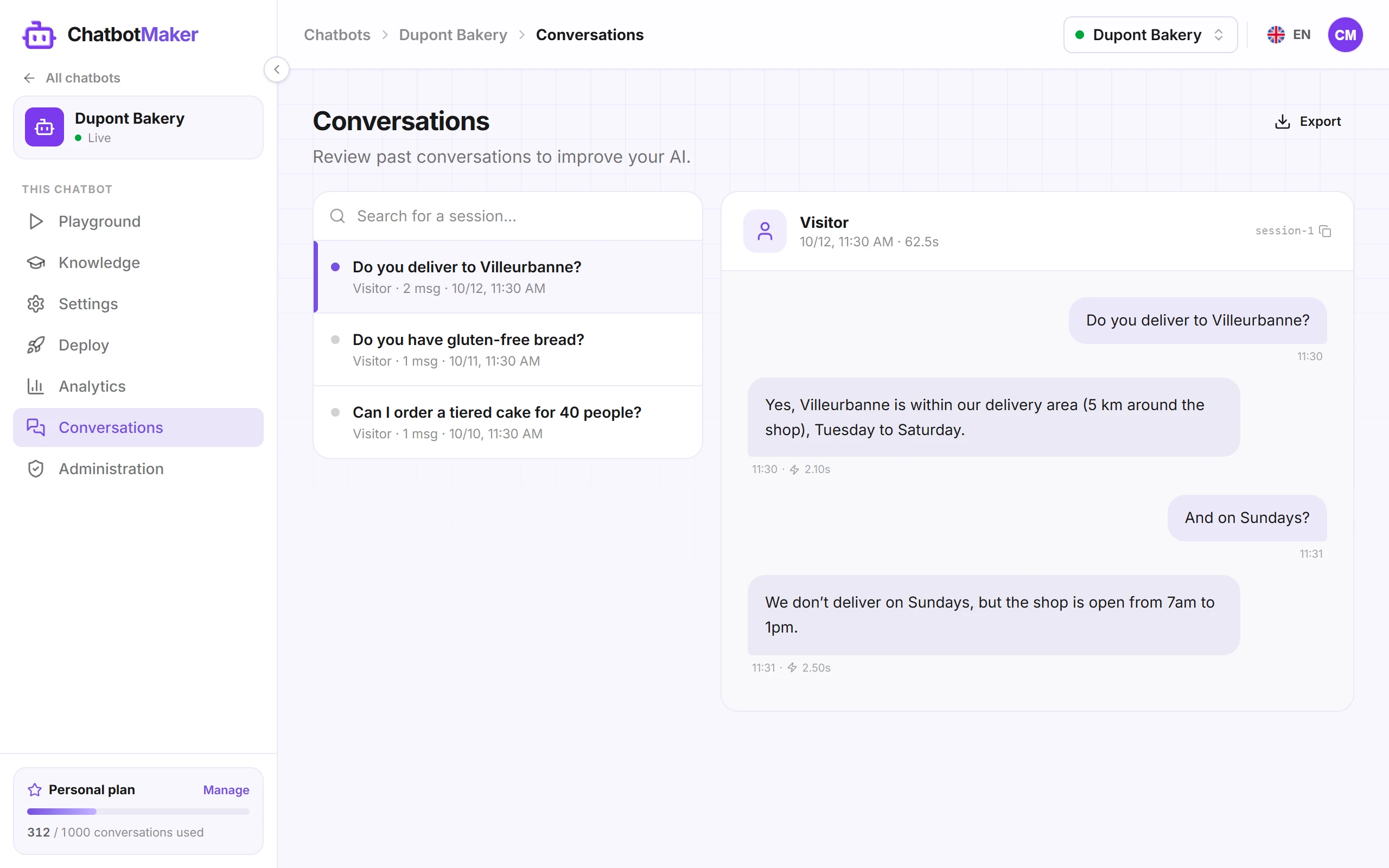 The Conversations tab with a conversation open