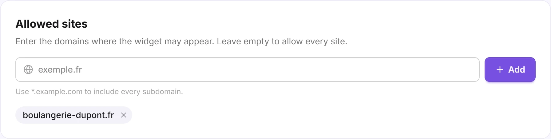 The Allowed sites card with a domain added
