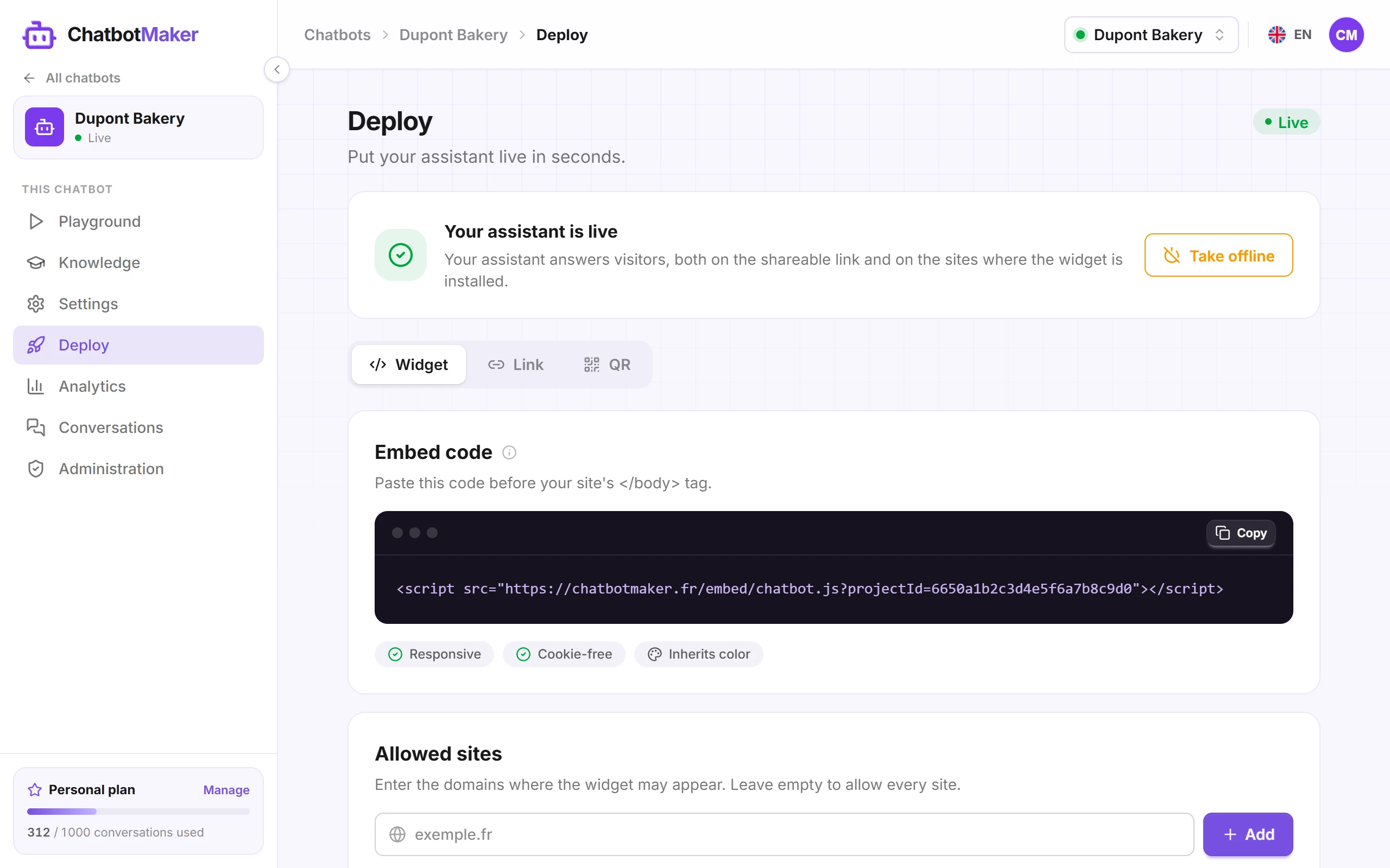The Deploy tab with the widget embed code