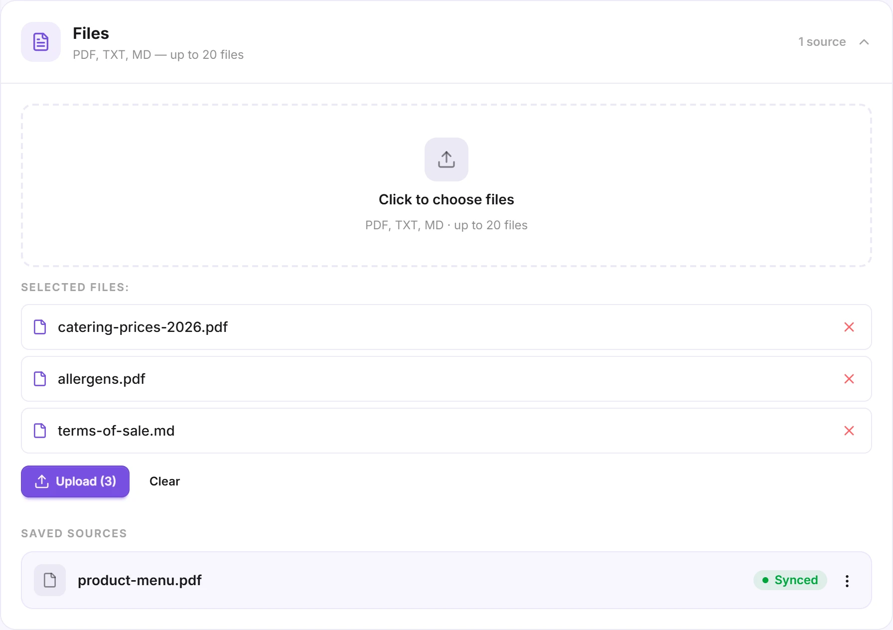 The Files section with three documents ready to import