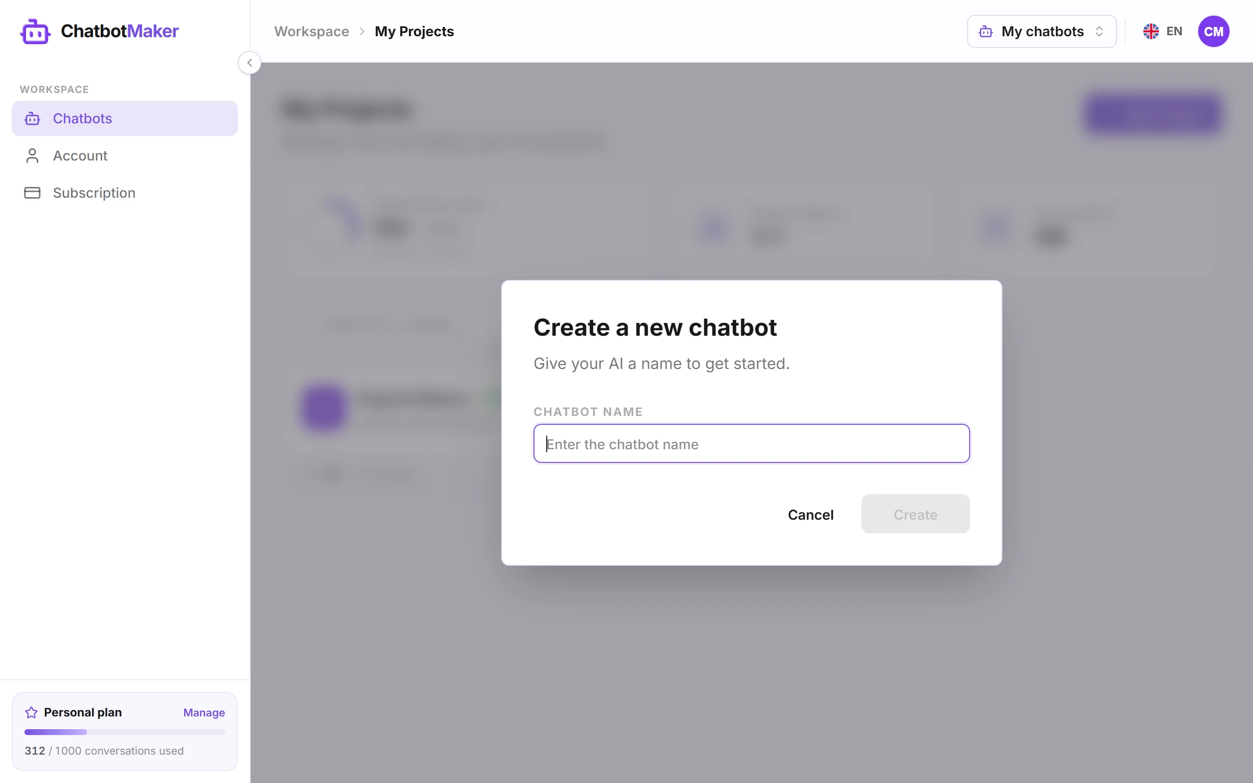 The "Create a new chatbot" dialog