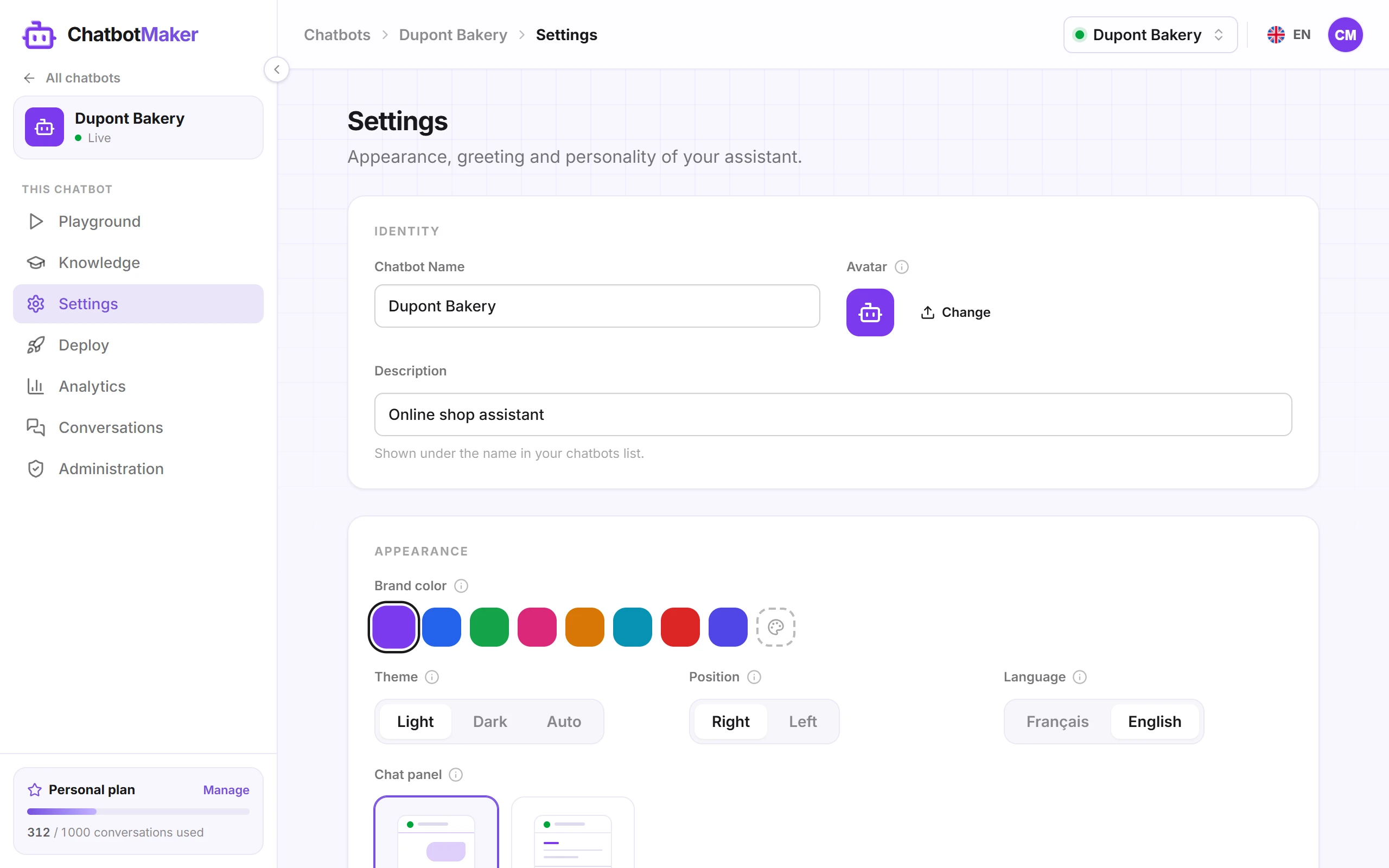The Settings tab: identity and appearance