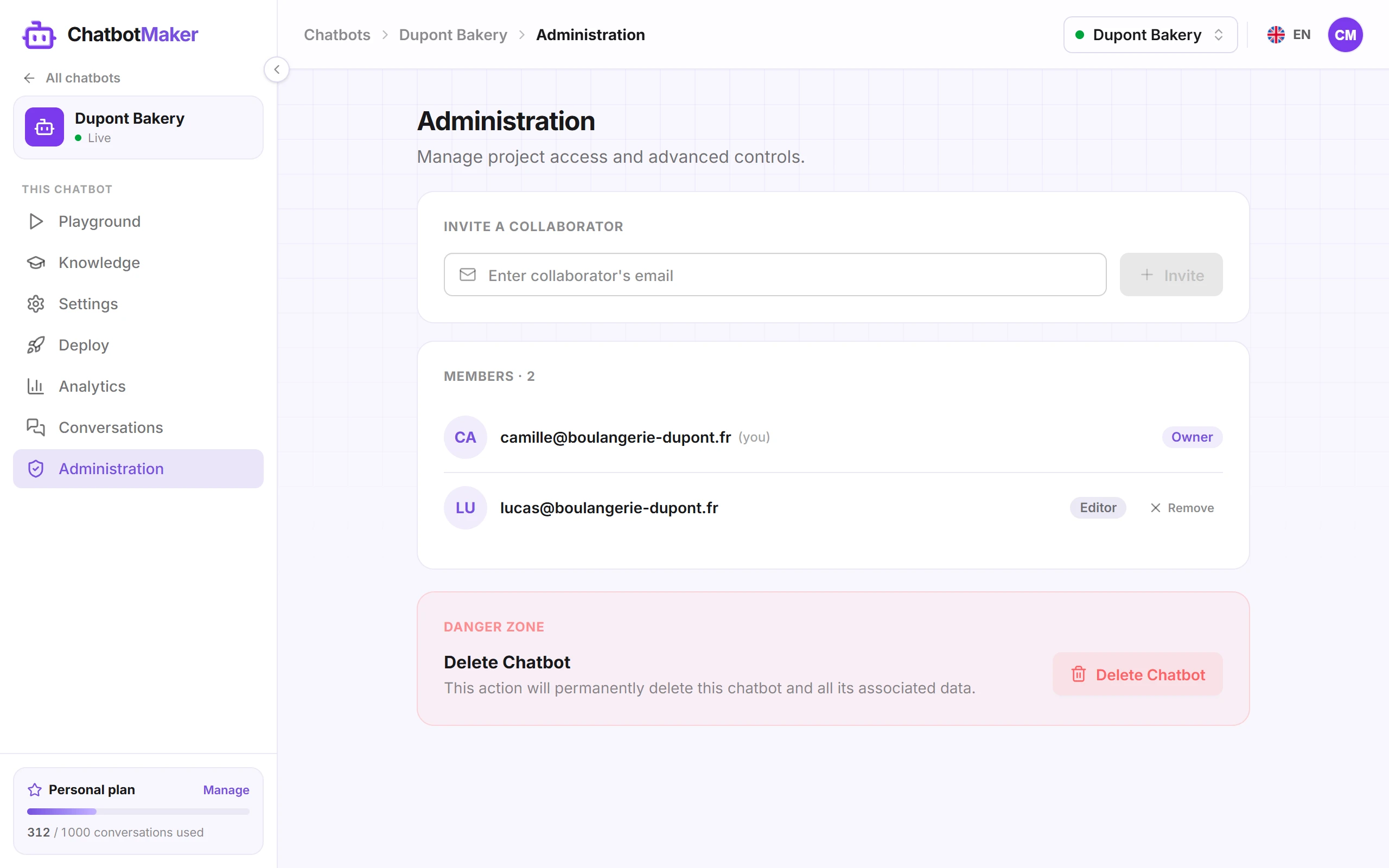The Administration tab with the members list