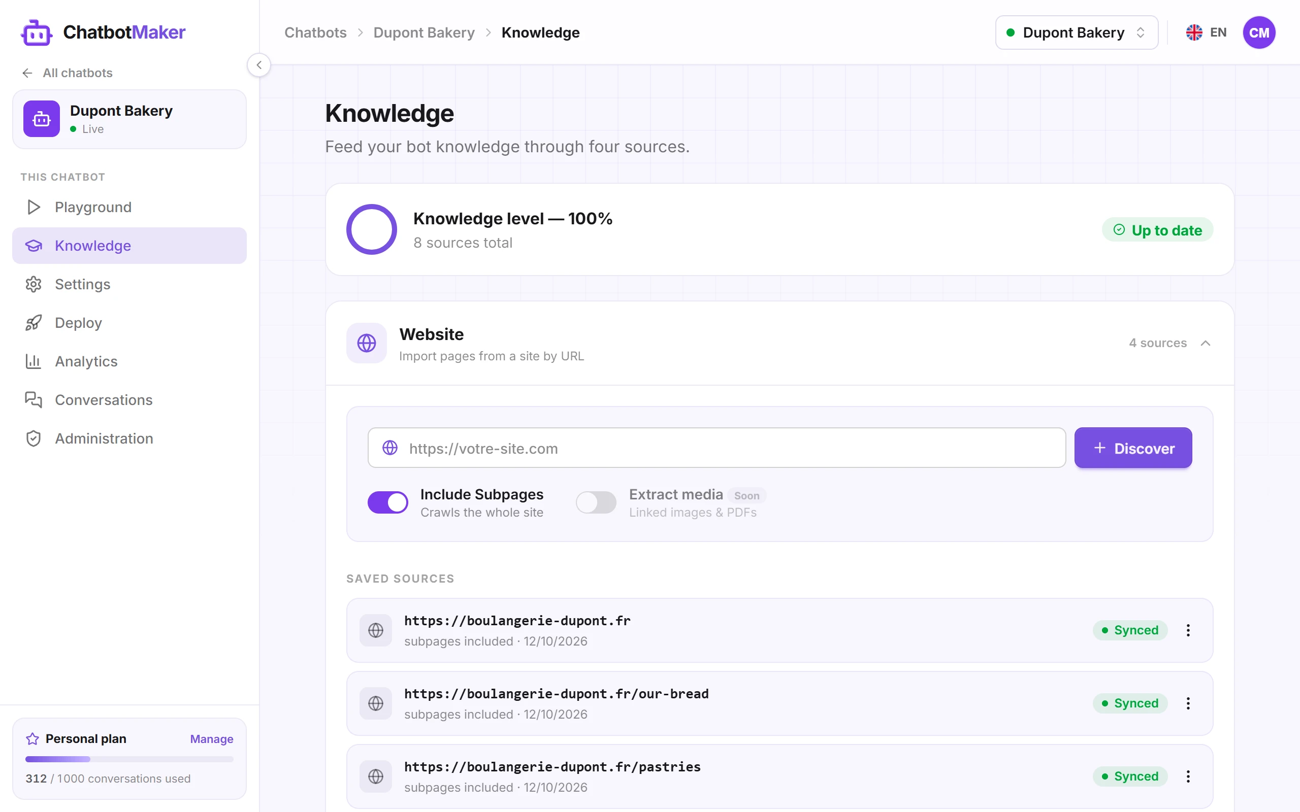The Knowledge tab with a saved website