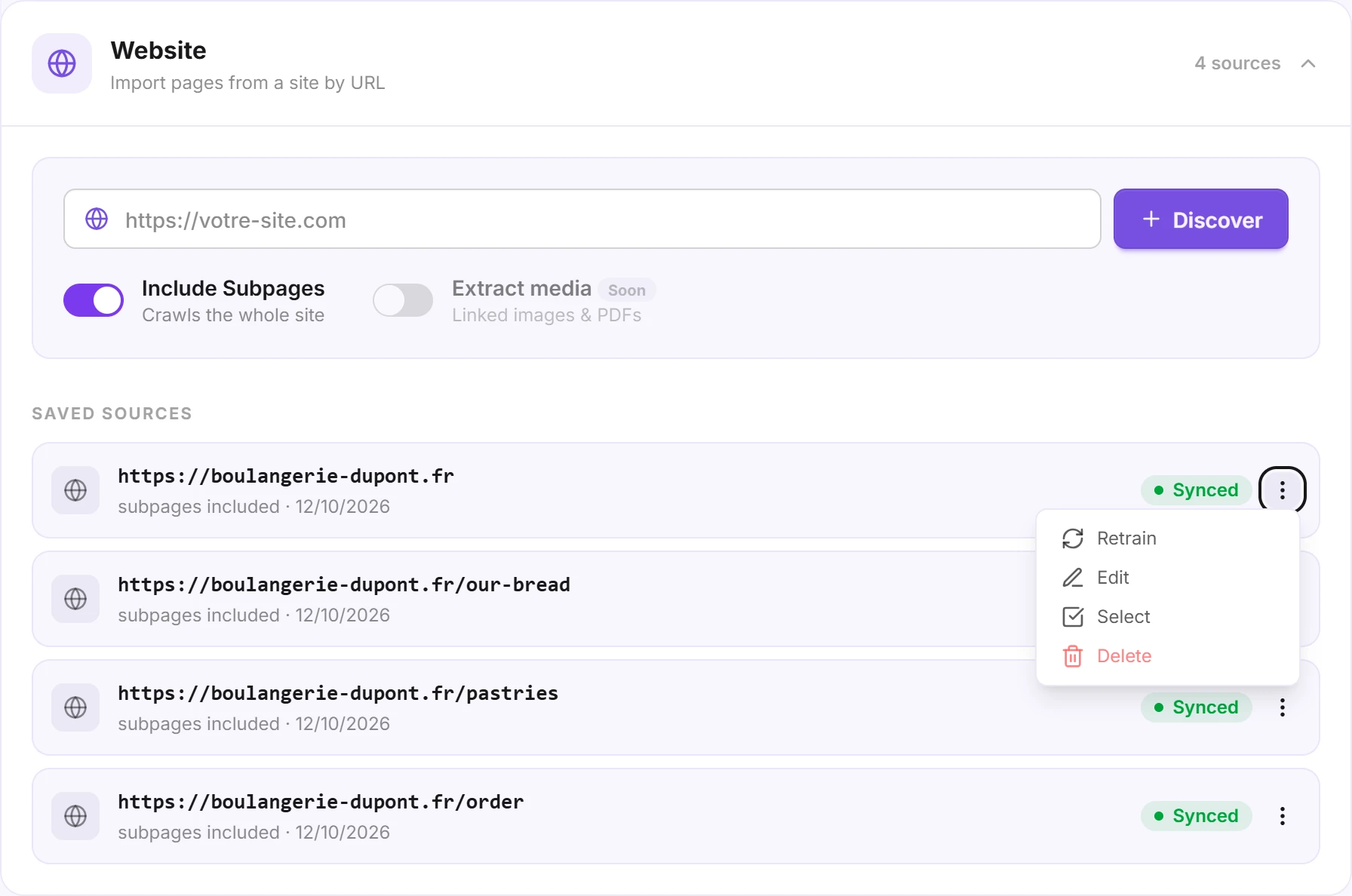 A source's menu: Retrain, Edit, Select, Delete