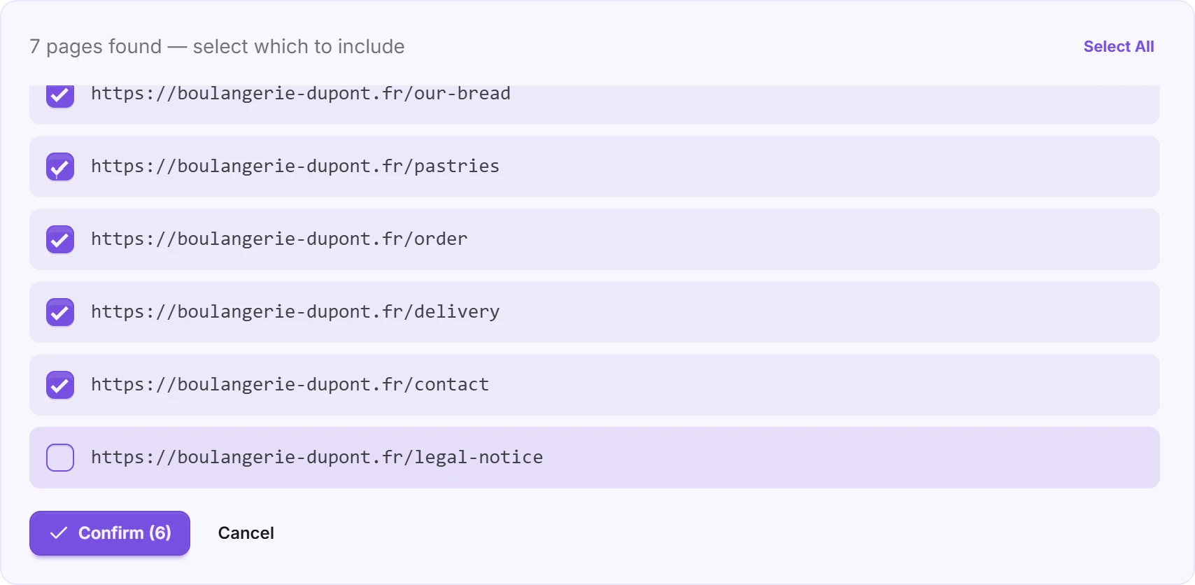 The list of pages found, with one page unticked