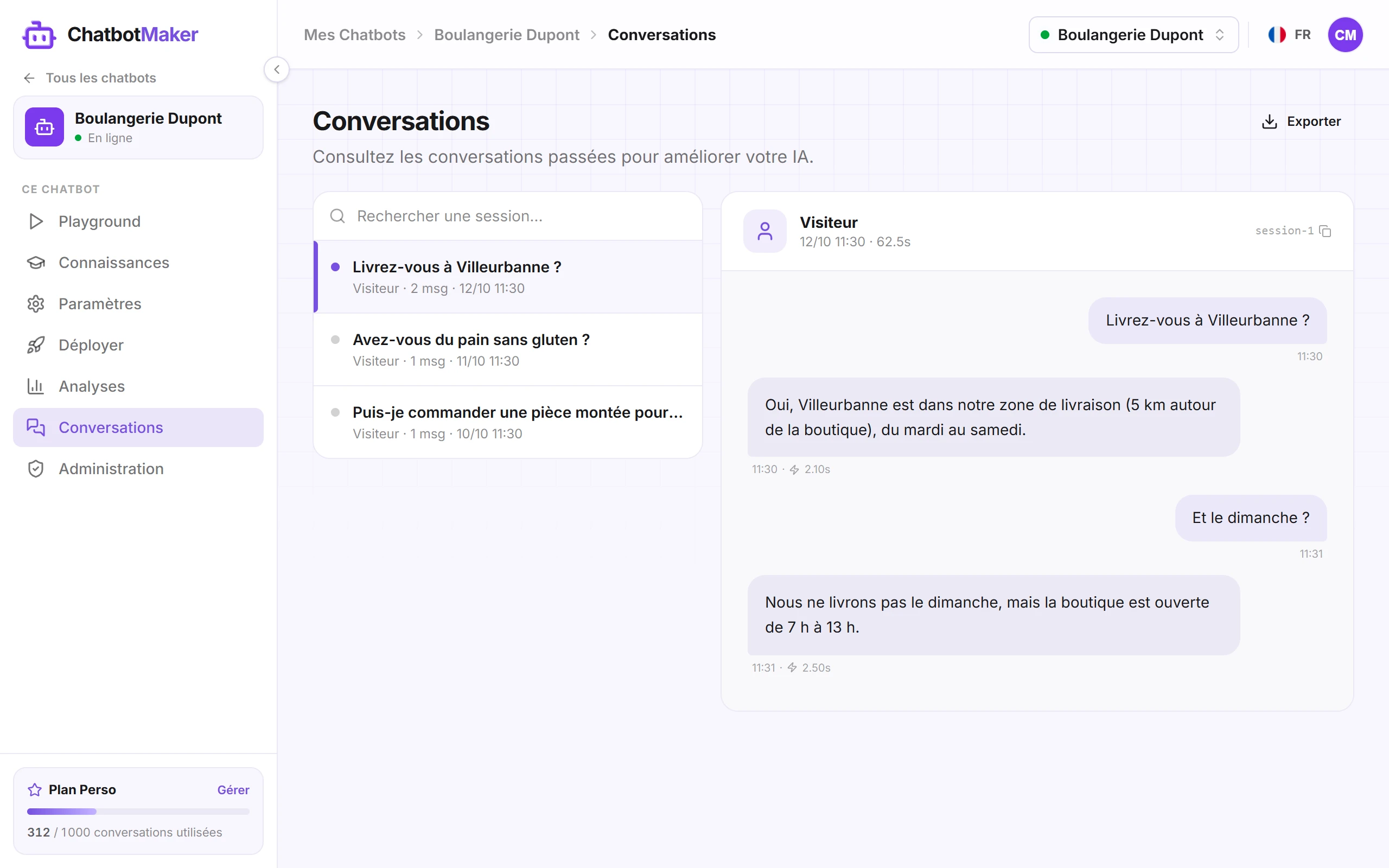L’onglet Conversations avec une conversation ouverte