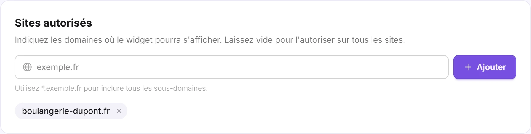 La carte Sites autorisés avec un domaine ajouté