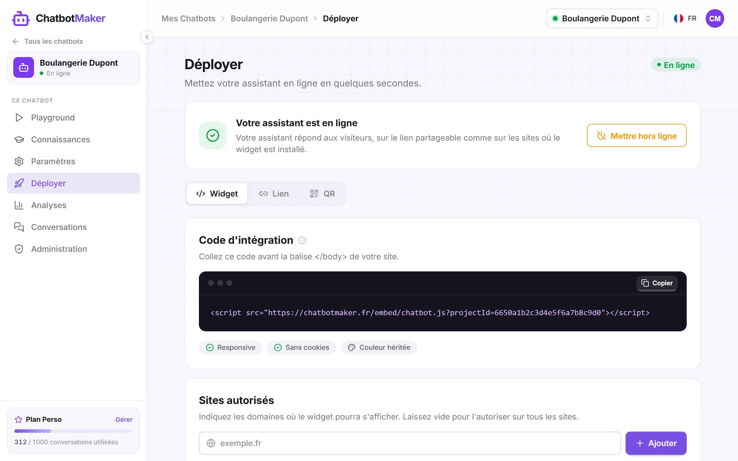 L’onglet Déployer avec le code d’intégration du widget