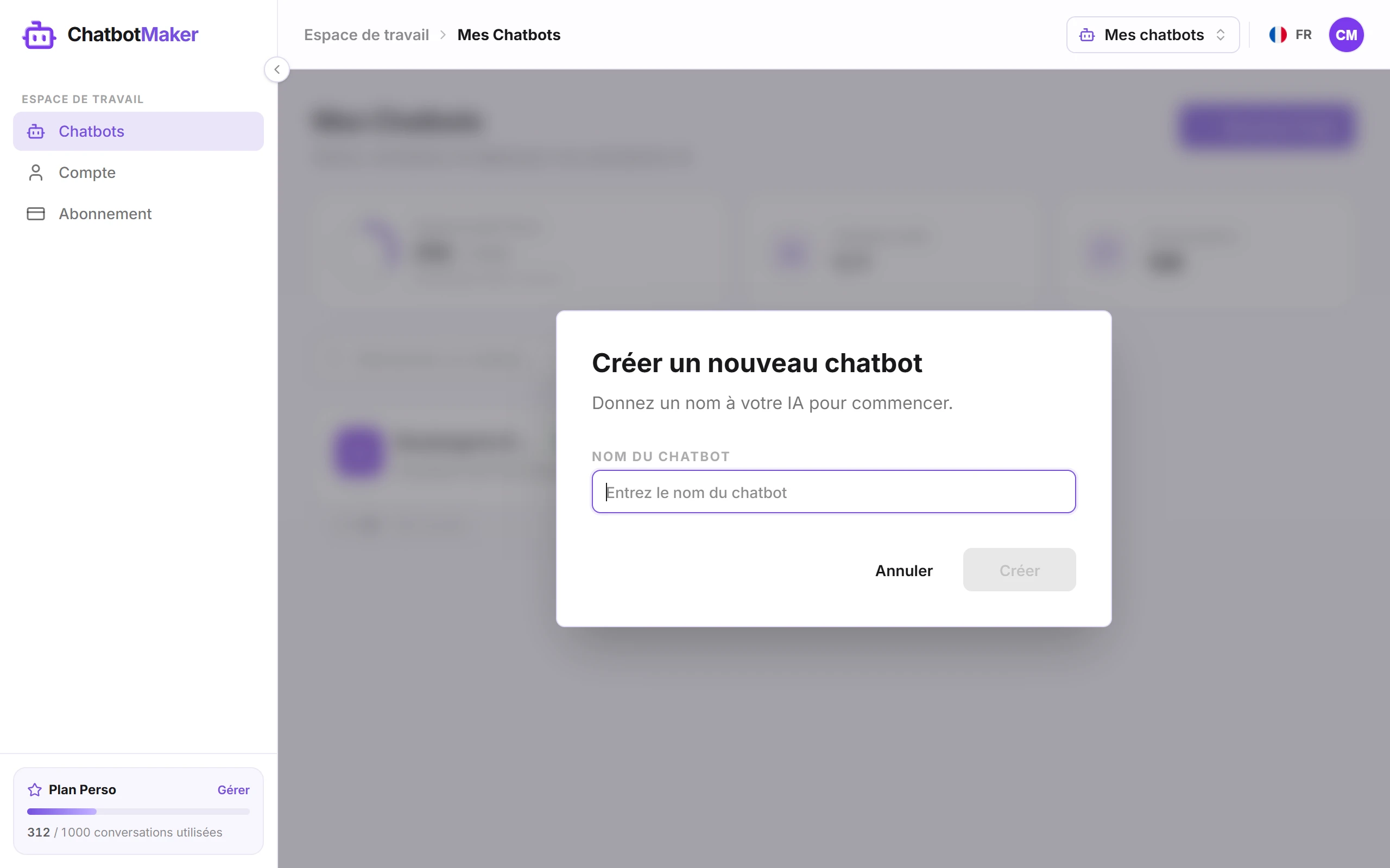La fenêtre « Créer un nouveau chatbot »