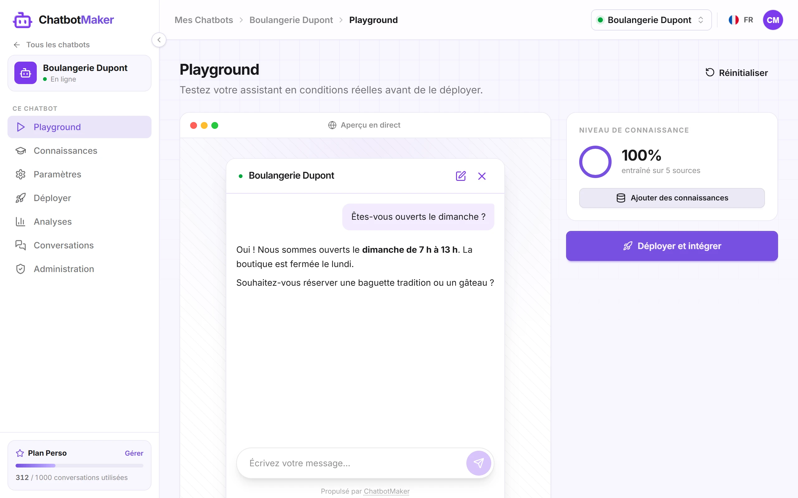 Une conversation de test dans le Playground