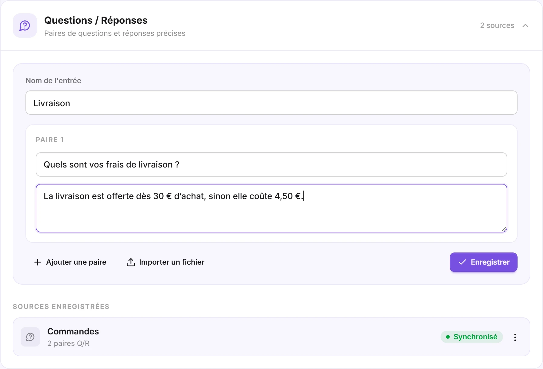 Une paire question / réponse en cours de saisie