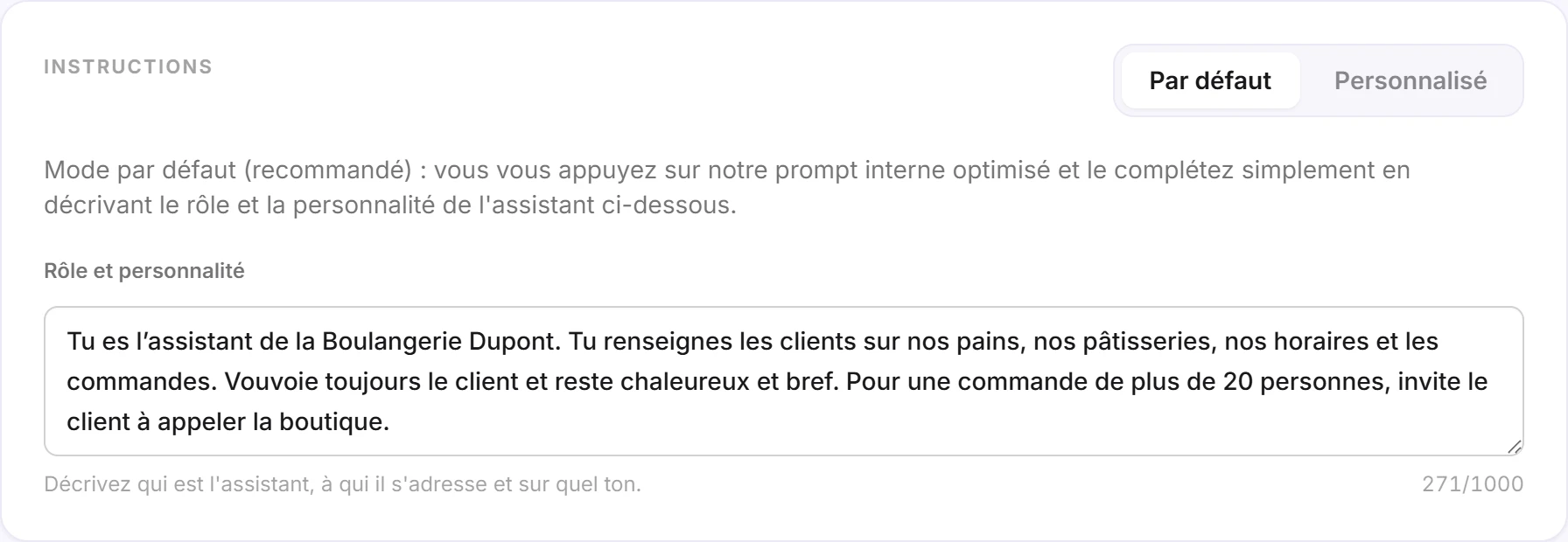 La carte Instructions en mode Par défaut