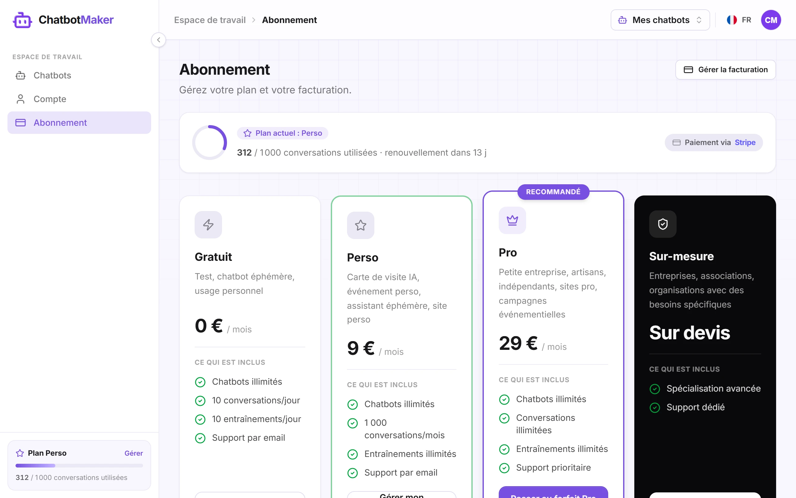 La page Abonnement