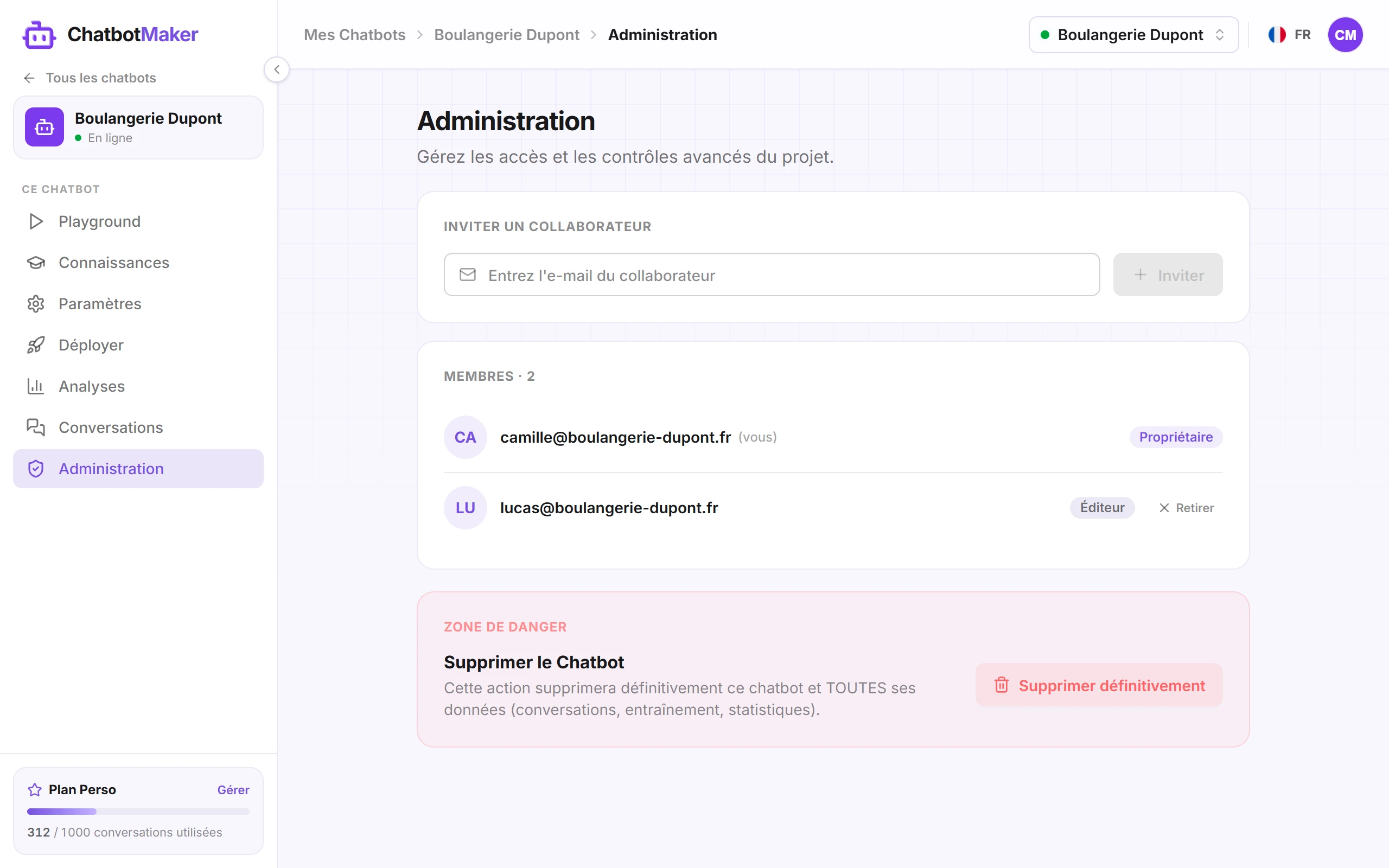 L’onglet Administration avec la liste des membres