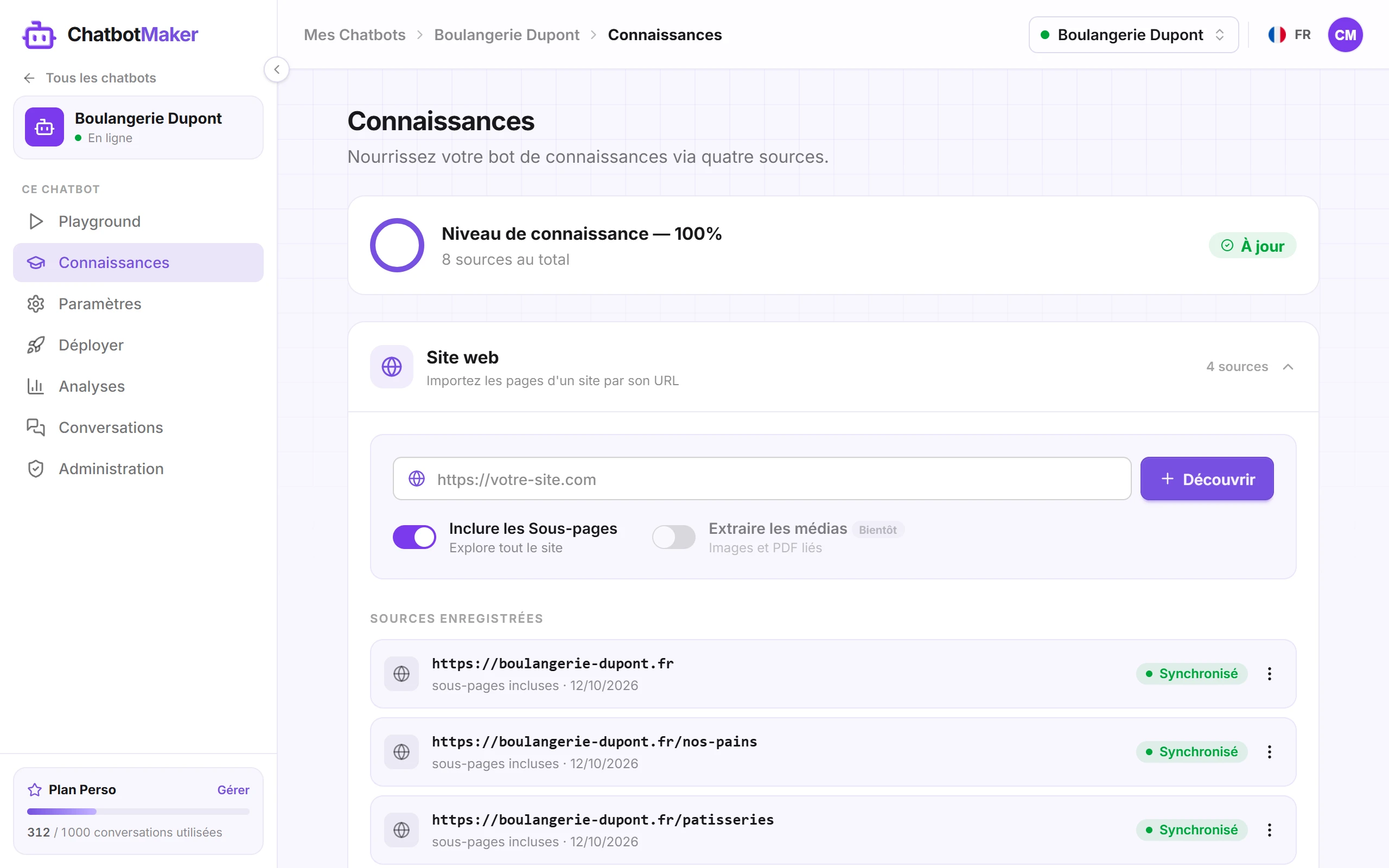 L’onglet Connaissances avec un site web enregistré