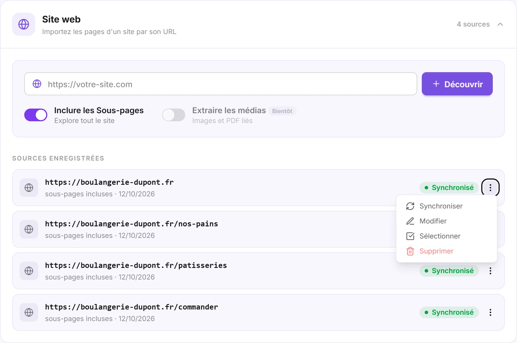 Le menu d’une source : Synchroniser, Modifier, Sélectionner, Supprimer